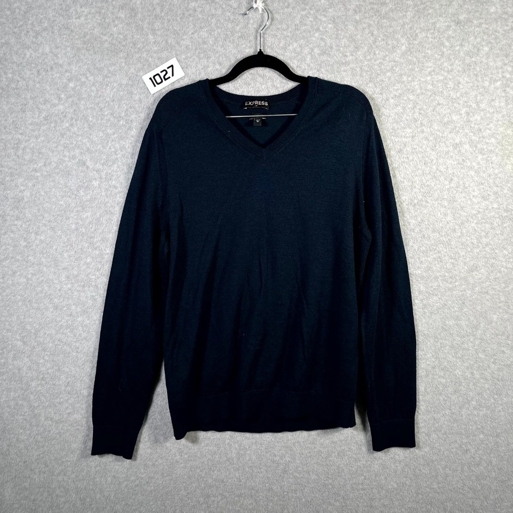 Express Sweater Mens Large Blue V Neck Long Sleeve Lightweight Winter Ribbed Hem